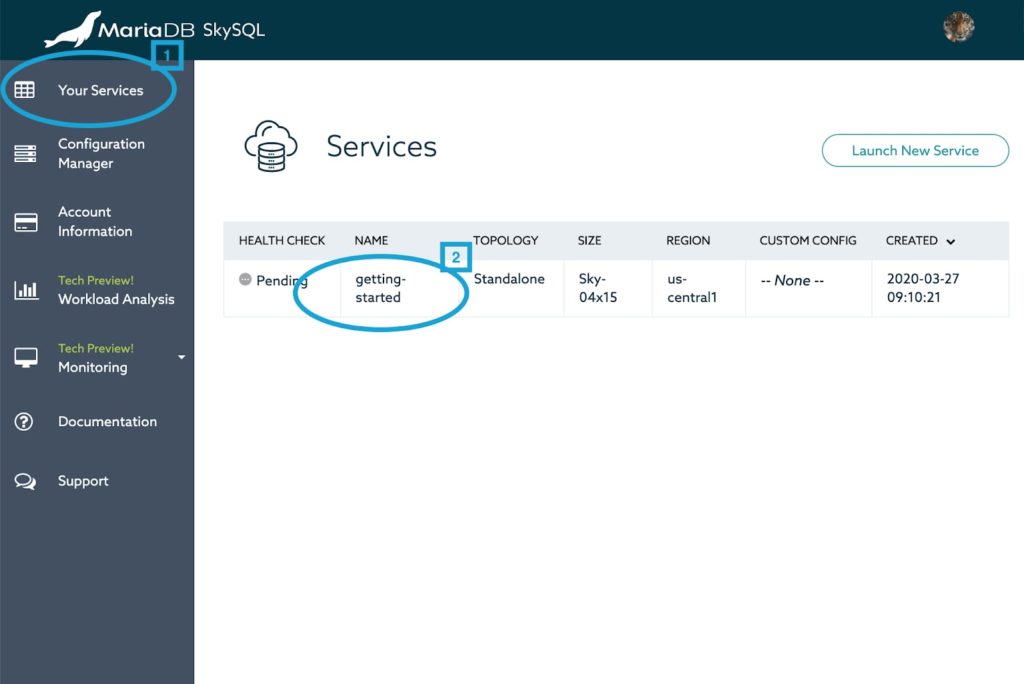 SkySQL New Database Configuration