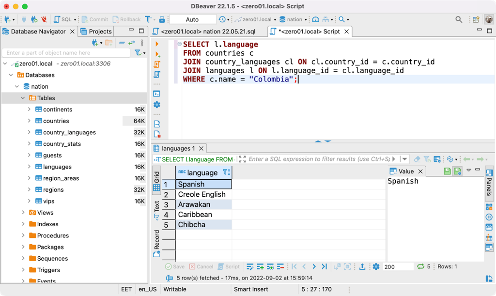 SQL query results