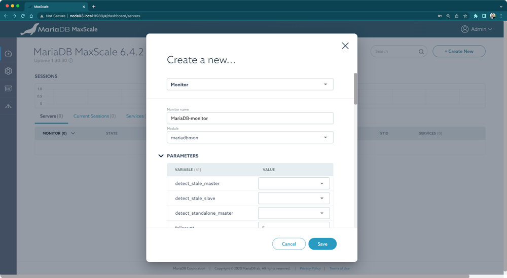 Creating a new configuration object using the MaxScale GUI