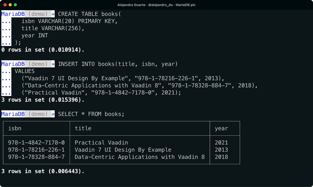 Inserting data with MariaDB Shell