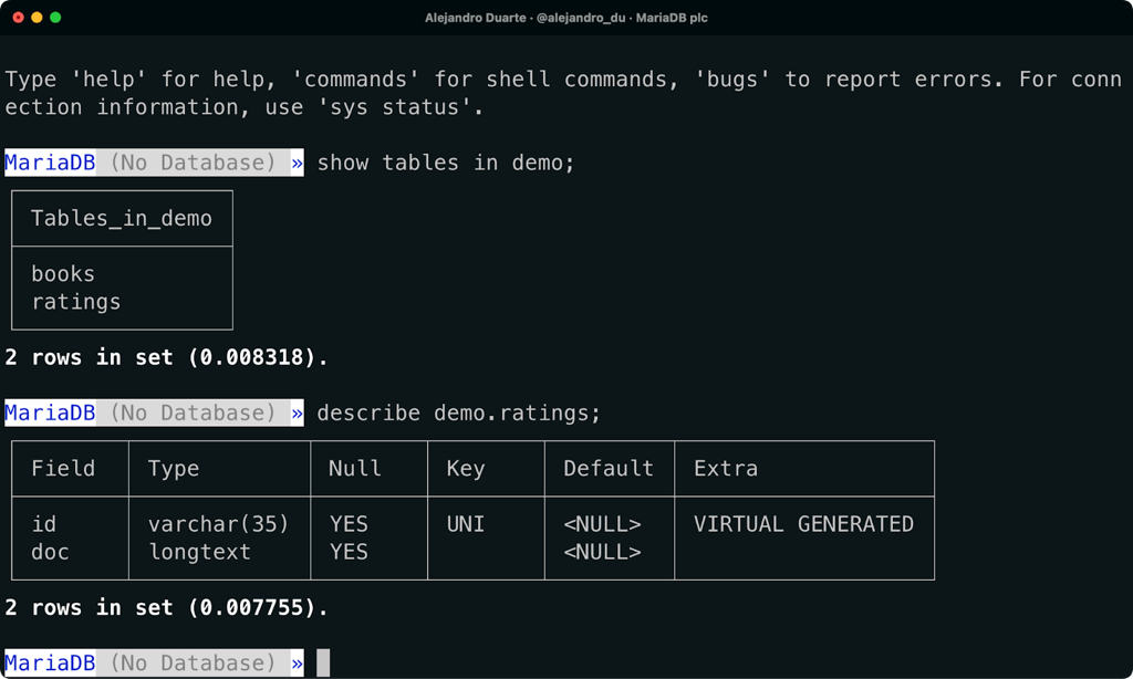 A NoSQL collection stored as a MariaDB relational table