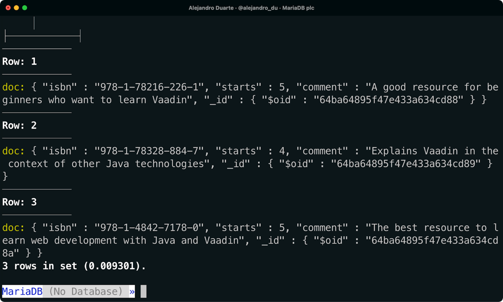 NoSQL documents stored in a MariaDB database